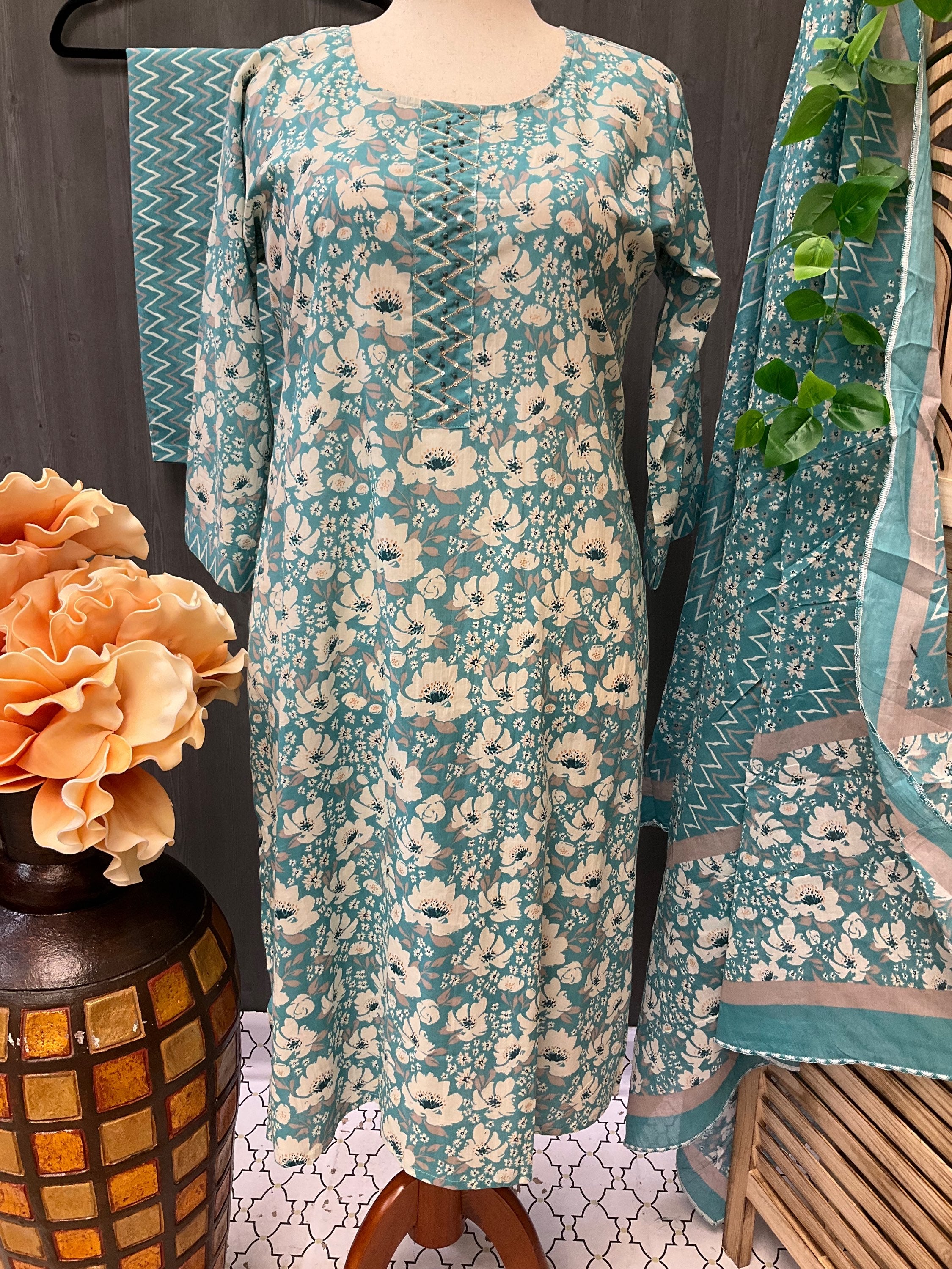 Plus Size -3 piece Cotton Chudidhar set/kurti set - Size 46 image 1