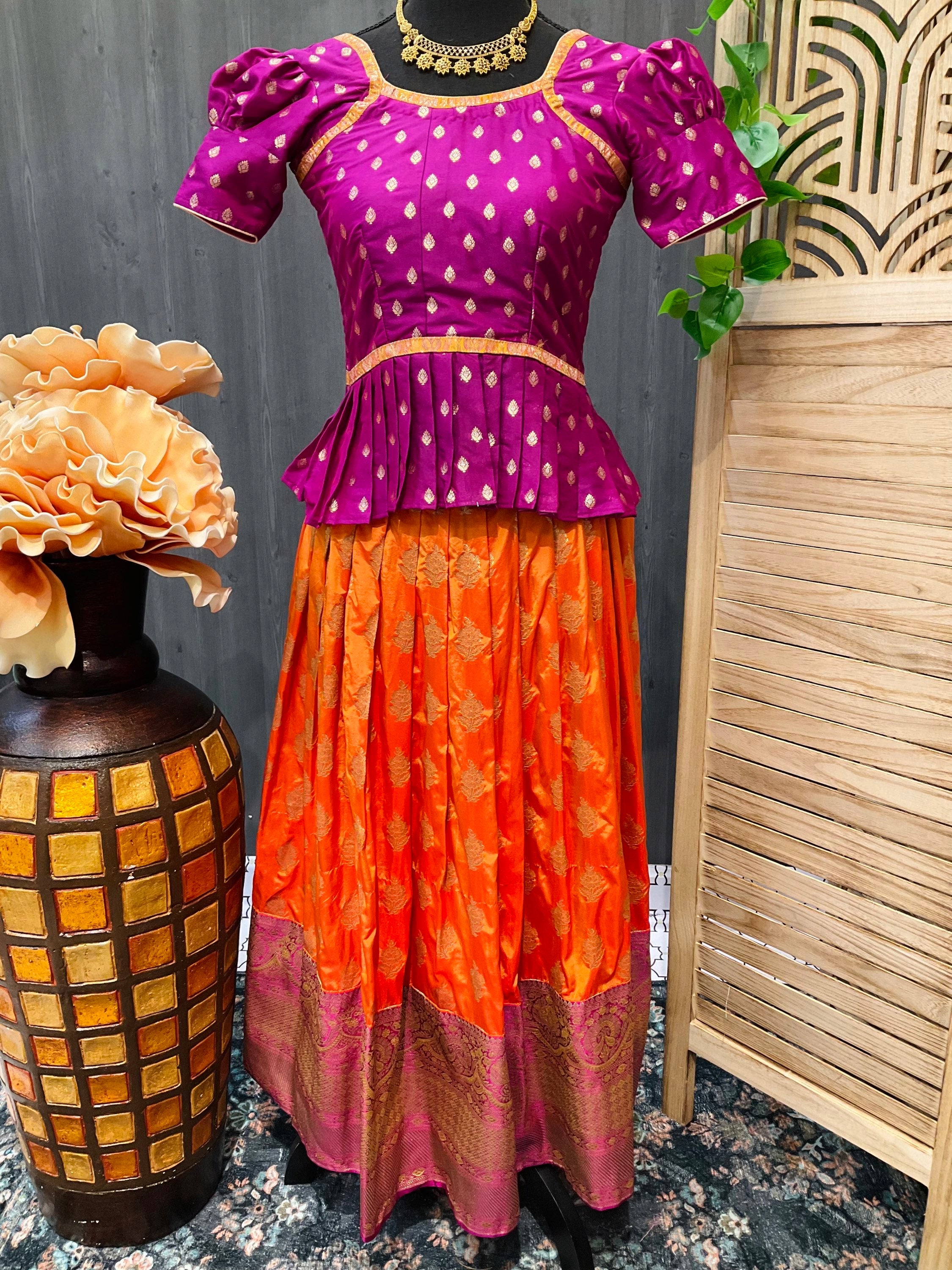 Orange- Pink Benaras Girls Silk Pattu Pavadai set - Size 30/32/34 image 0