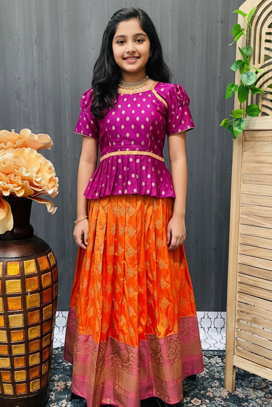 Orange- Pink Benaras Girls Silk Pattu Pavadai set - Size 30/32/34