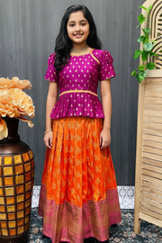 Girls Orange & Pink Benaras Silk Pattu Pavadai Set