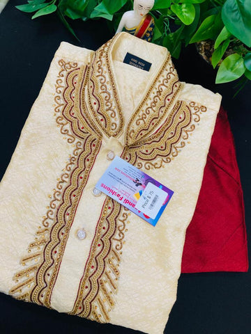 Cream Mens kurta set with Embroidered