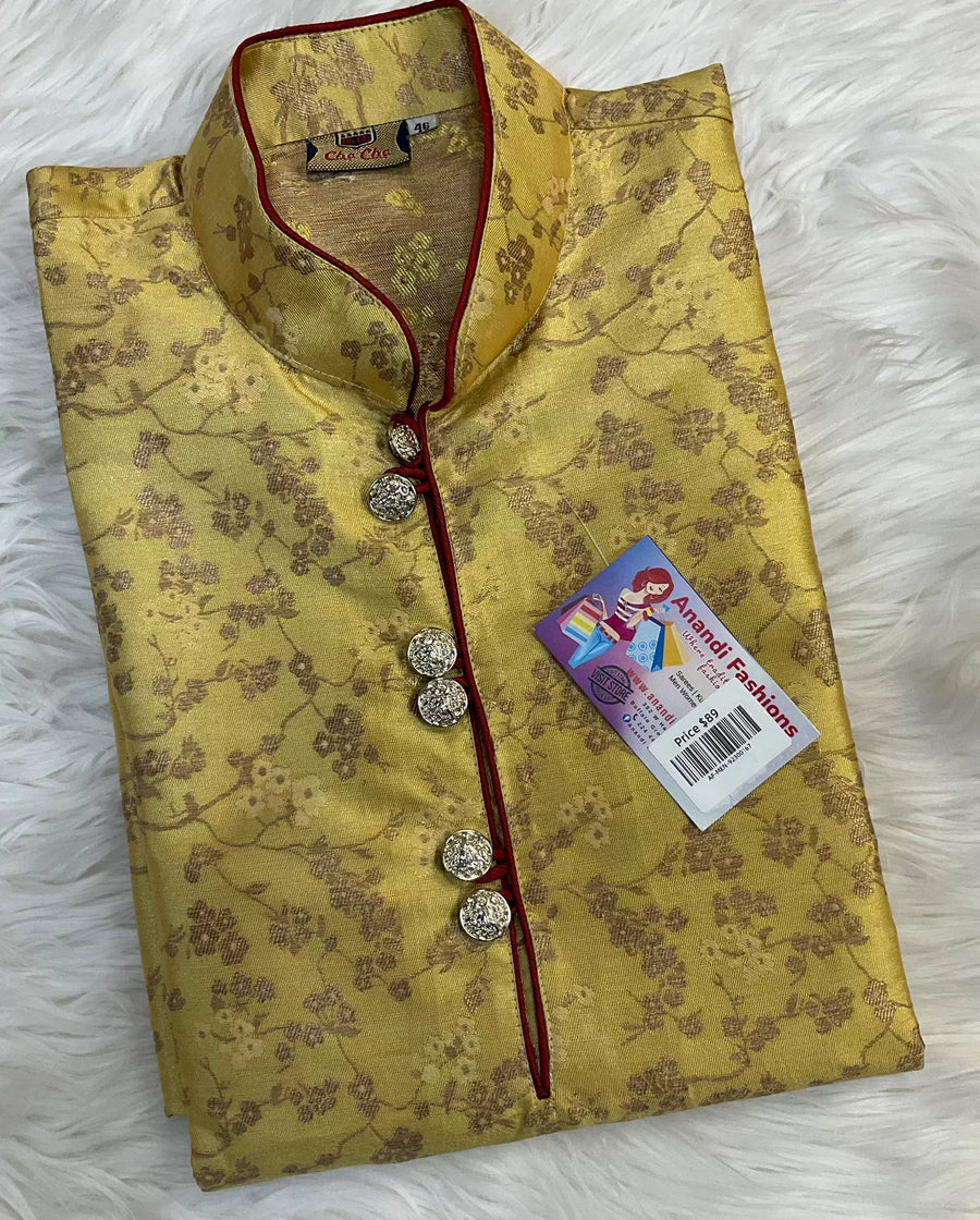 Men's Silk Kurta Set Size 46 | Yellow Kurta with Maroon Pajama for Weddings
