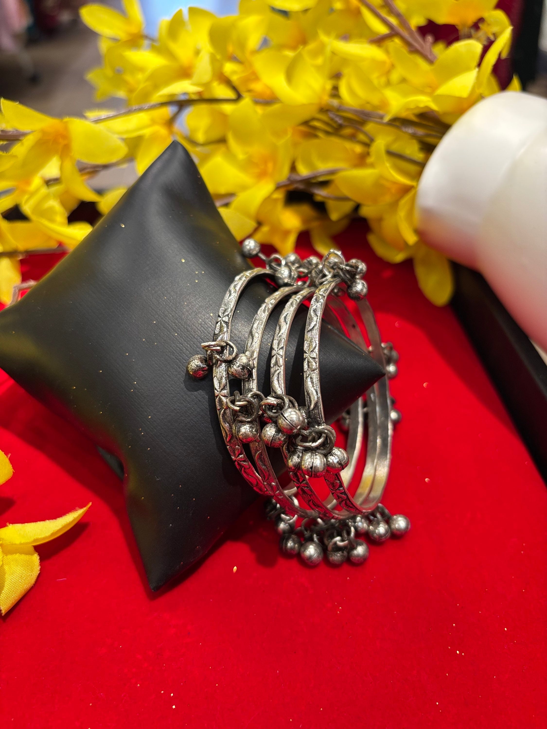 German Silver Thin Bangles with Bells(set of 4) image 0