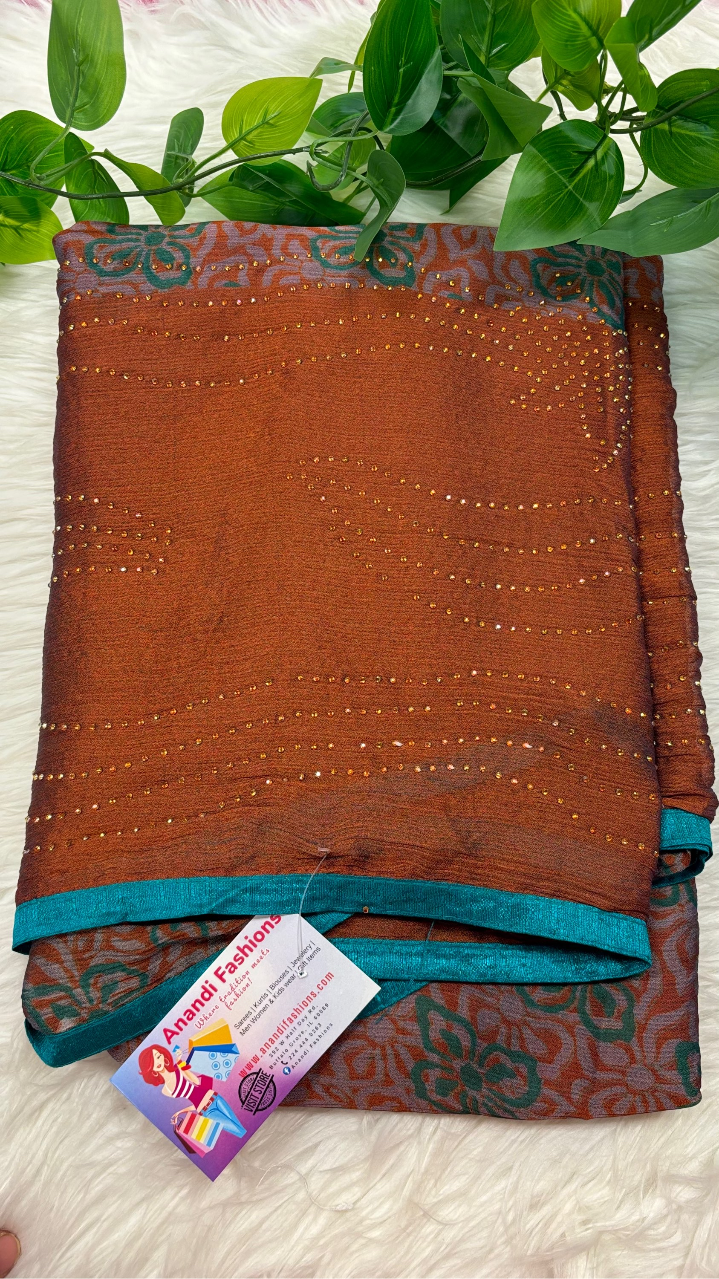 Chiffon Saree - Chiffon Brown Saree with Stone Work image 6