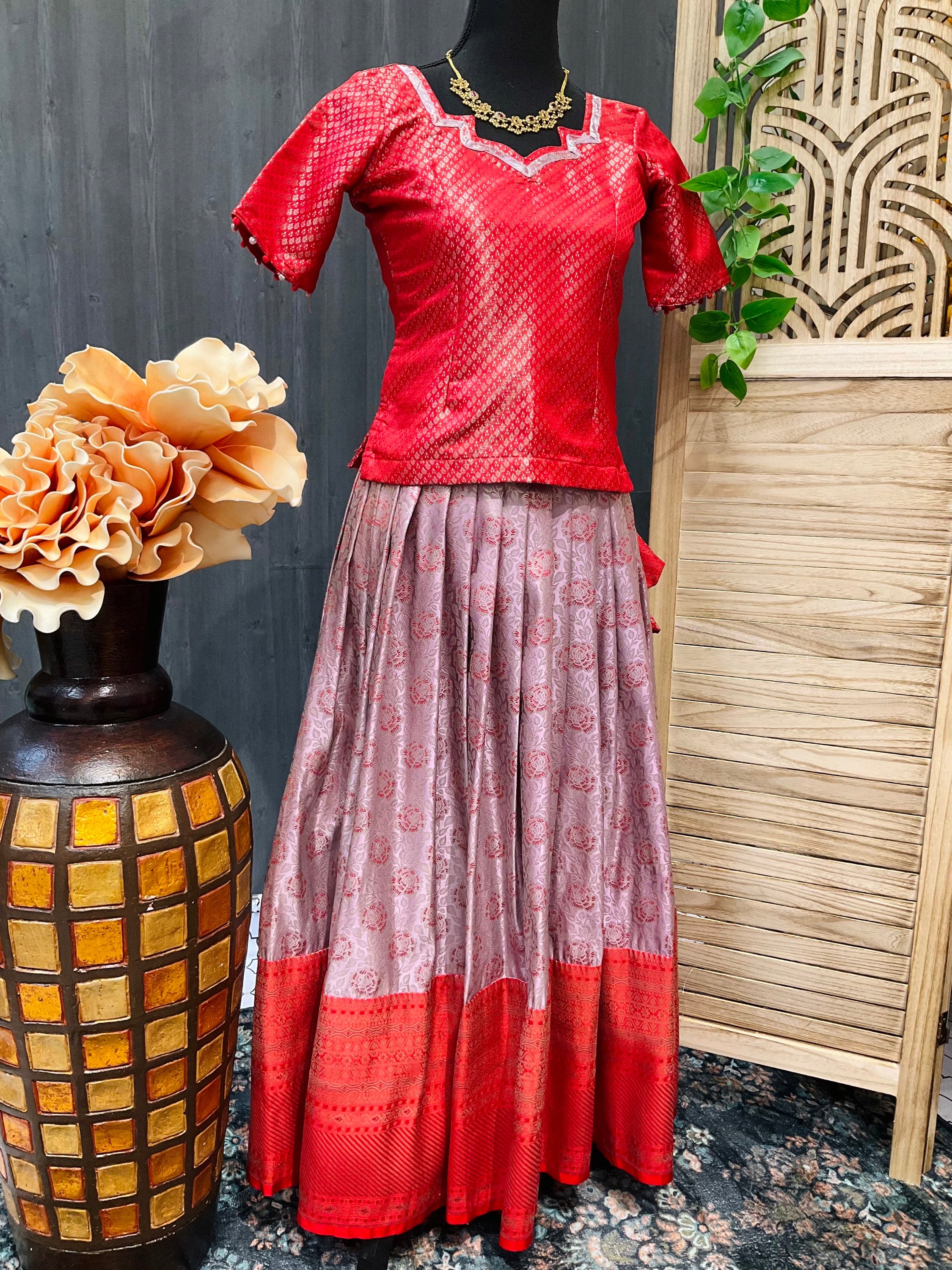 Red - Lavender color Benaras  Pattu Pavadai for Girls - Size 34/36 image 1