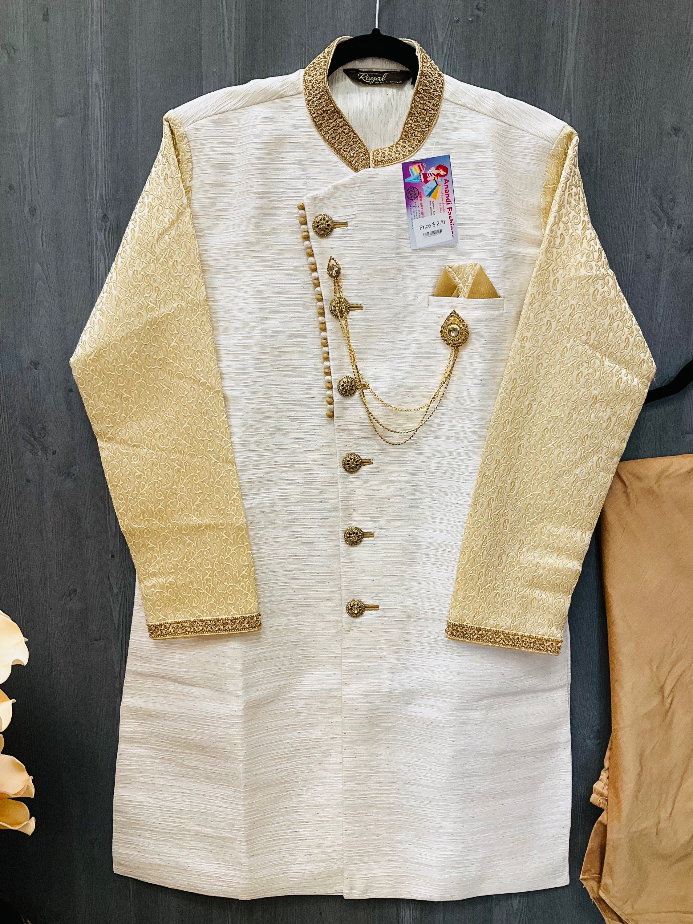 Dhoti Kurta - Wedding Party Men’s Yellow Sherwani with Dhoti Pant image 1