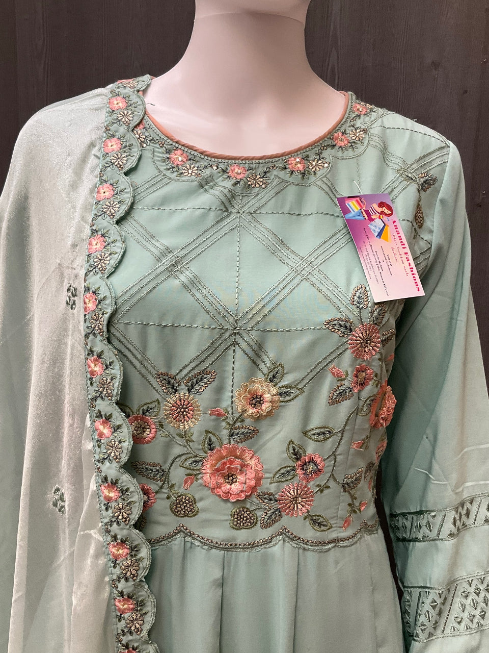 Indian Party Dresses - Light Blue Party wear long dress with dupatta - size 42 image 2