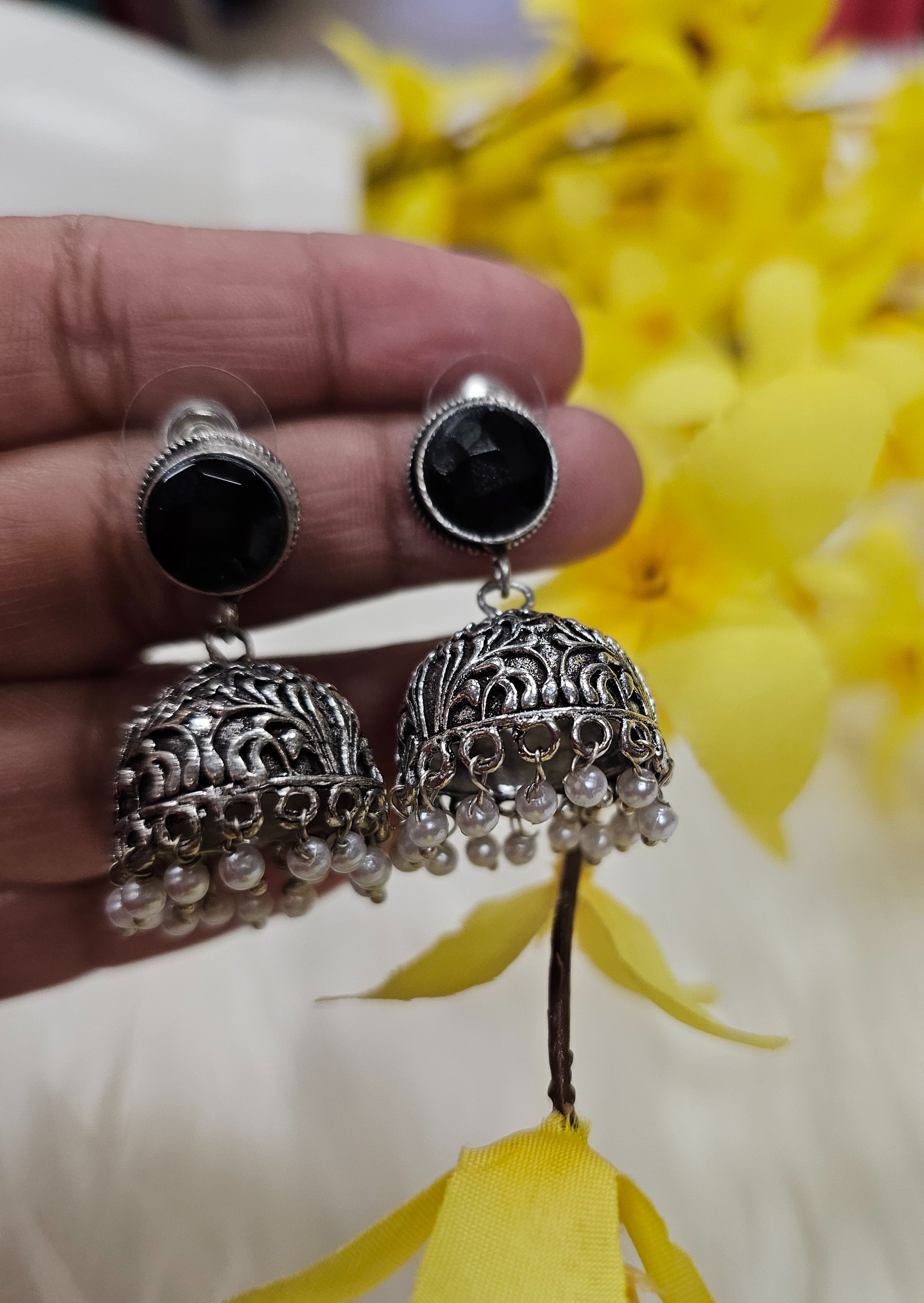 Antique Earrings - Jhumkas with Black Stone image 1