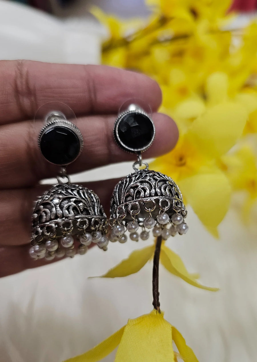 Antique Earrings - Jhumkas with Black Stone