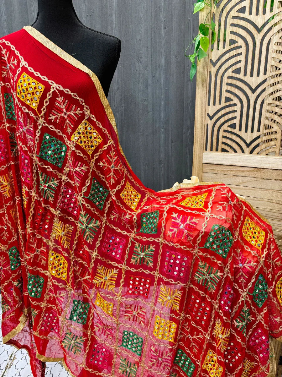 Phulkari Dupatta with Real Mirror Work - Traditional Embroidery
