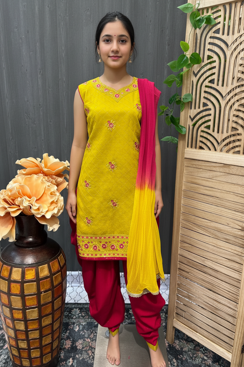 Size 40-Teenage Girl Green and Pink Patiala suit