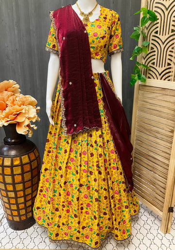 Yellow Kalamkari Half Saree Size 36 - Traditional Lehenga (fits upto 42)