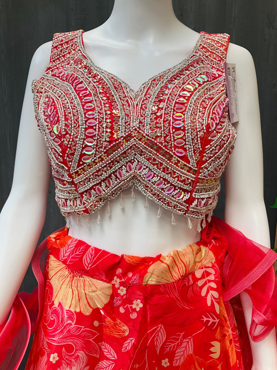 Size 42-Alia cut Style Blouse-Organza floral print lehenga set  image 1