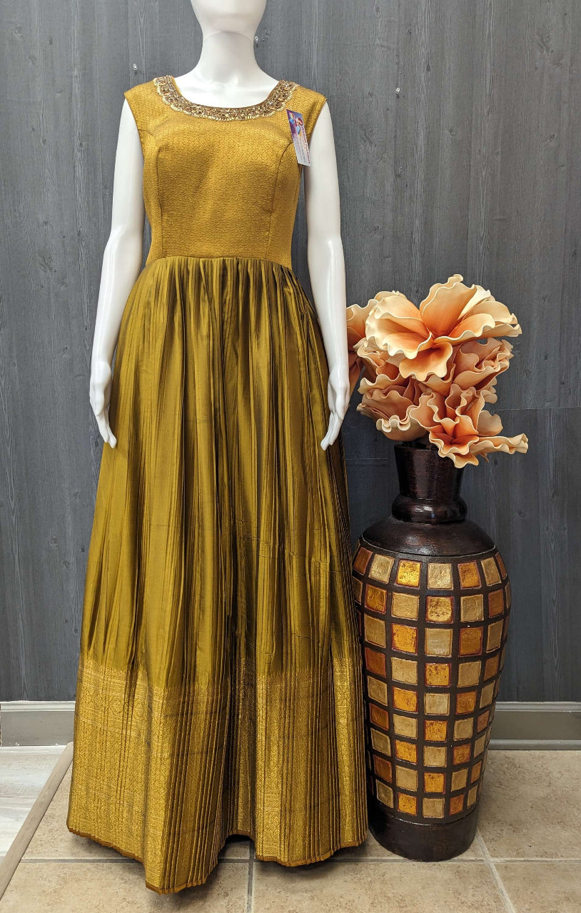 Indian Party Dresses - Olive Green Long Pure silk dress with dupatta image 1