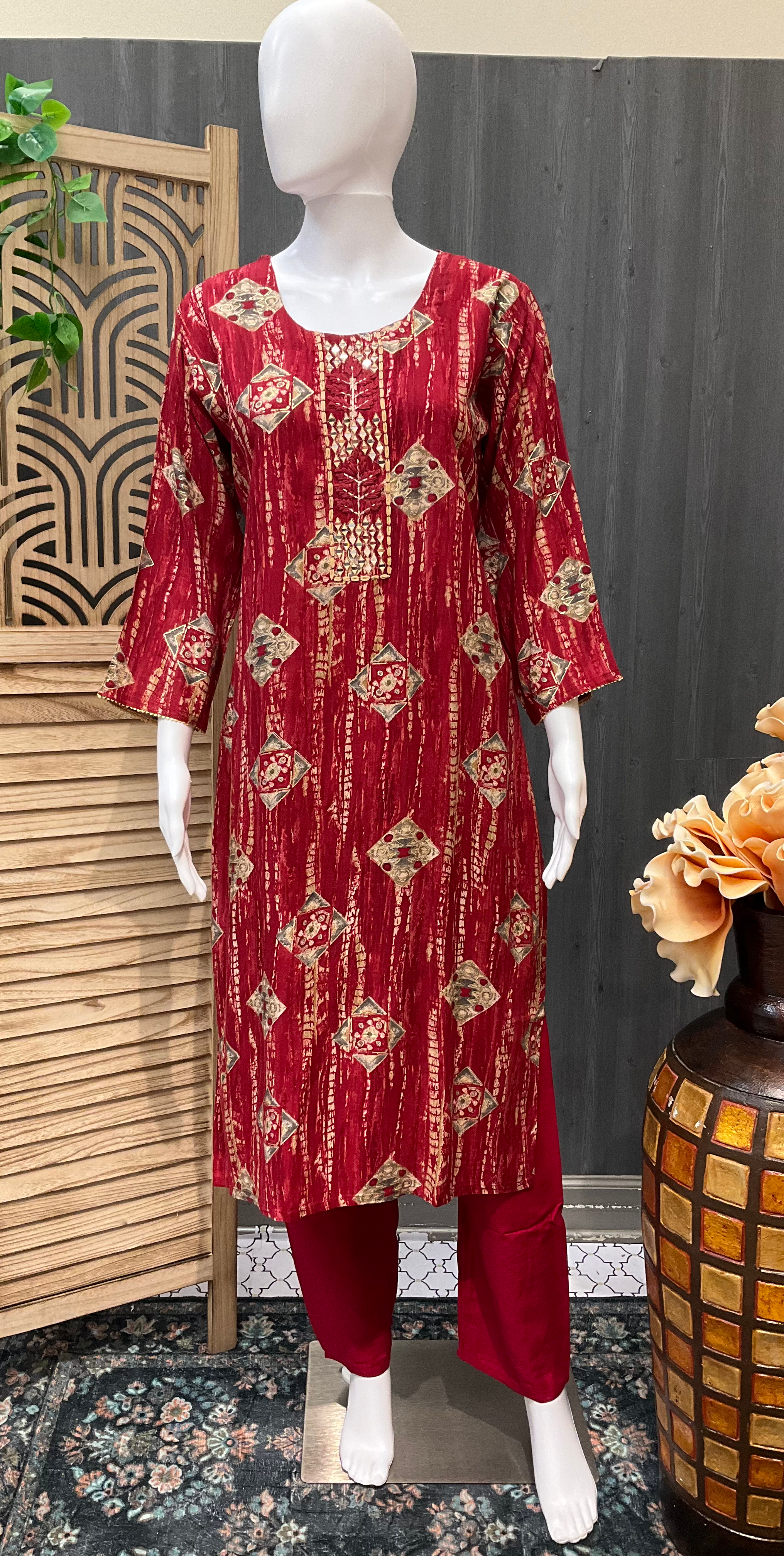 Maroon -Rayon kurti set image 1