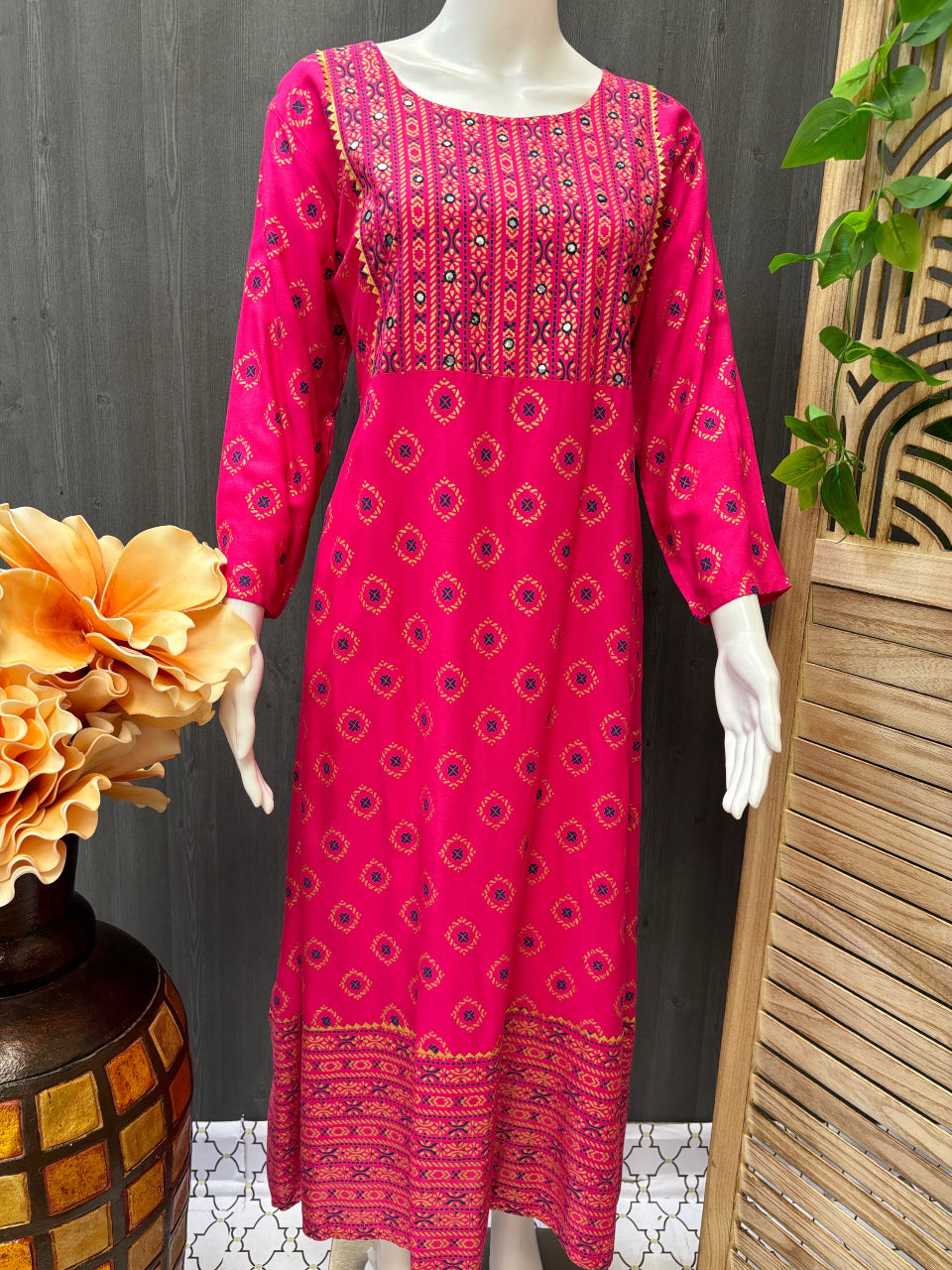 Long Rayon Anarkali Kurtis with Gold Print and Mirrors image 0