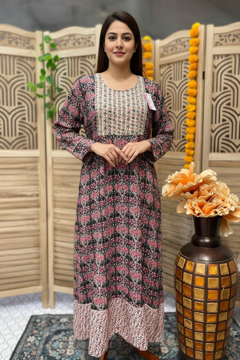 Plus Size Rayon Navy Blue Anarkali Kurti