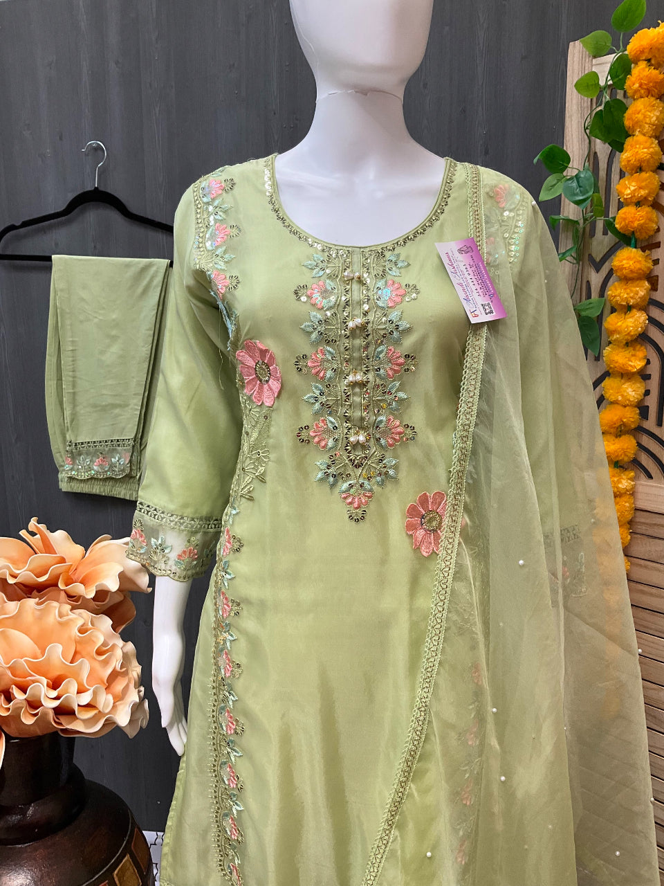 Pastel Green Party wear Churidar set image 1
