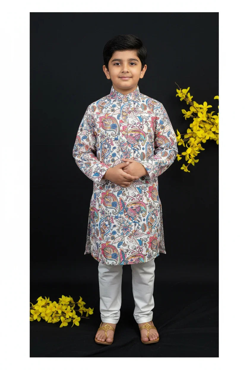 Young boy wearing colorful printed Indian kurta with white churidar and traditional sandals, yellow flowers background
