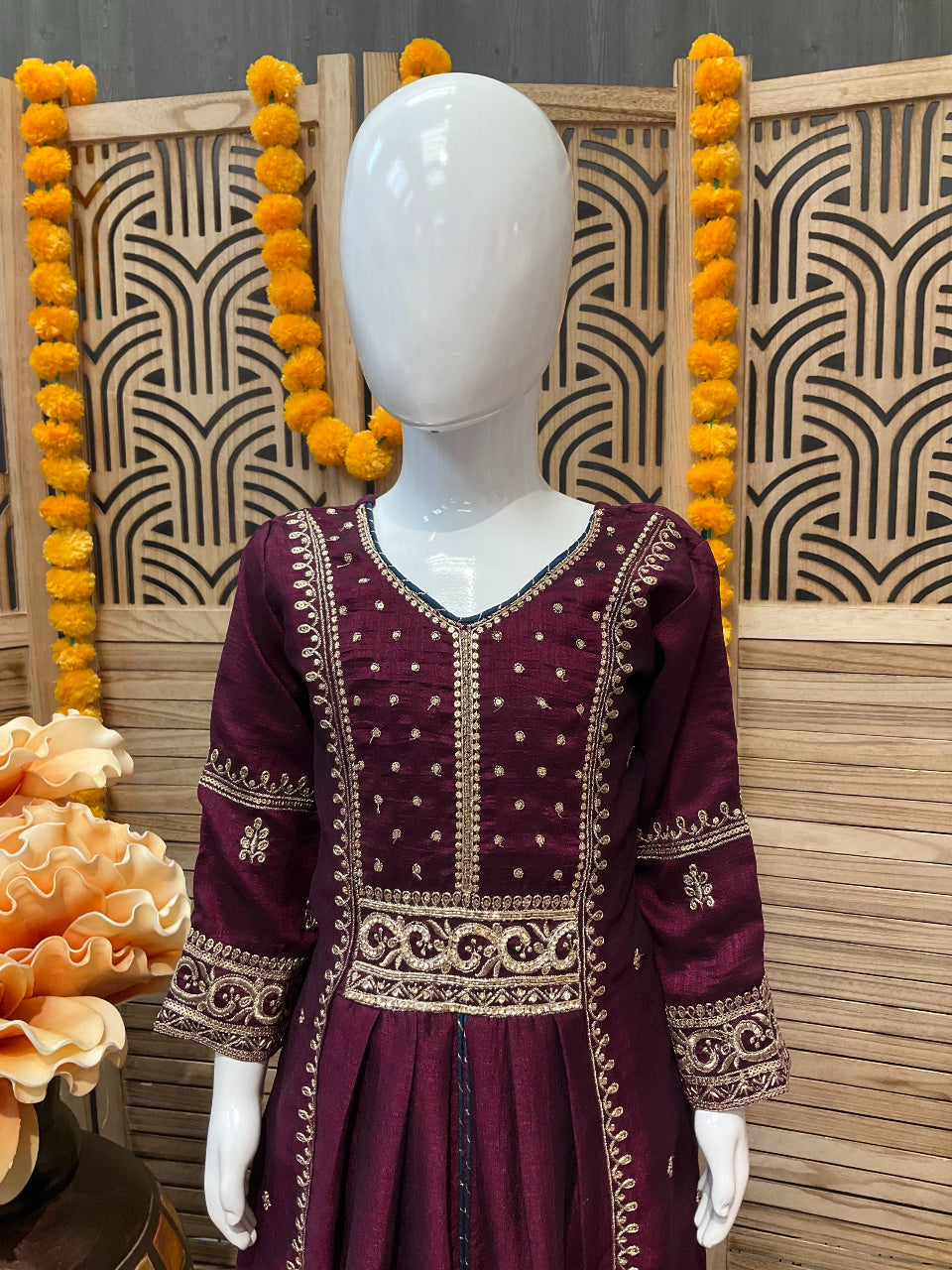 Little Girls-Wine color - Party Wear Churidar set image 1