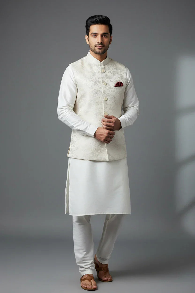 Man wearing white traditional Indian kurta pajama with cream embroidered Nehru jacket and brown sandals, grey background