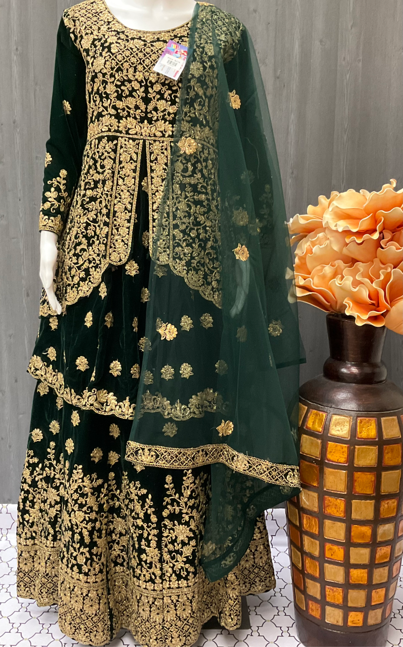 Green Lehenga Choli - Grand Wedding Velvet Peplum Top Lehenga set- Size 42 image 0