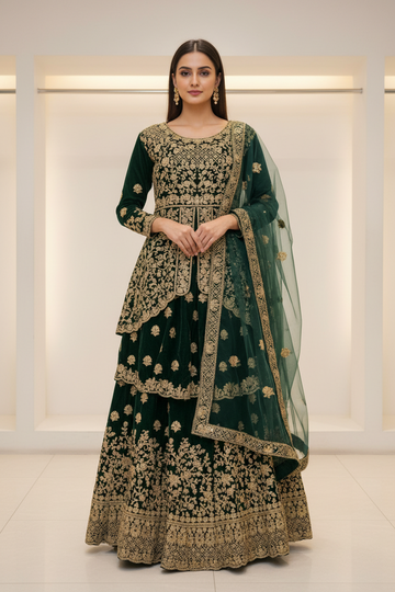 Green Velvet Peplum Lehenga Set Size 42 - Wedding & Bridal