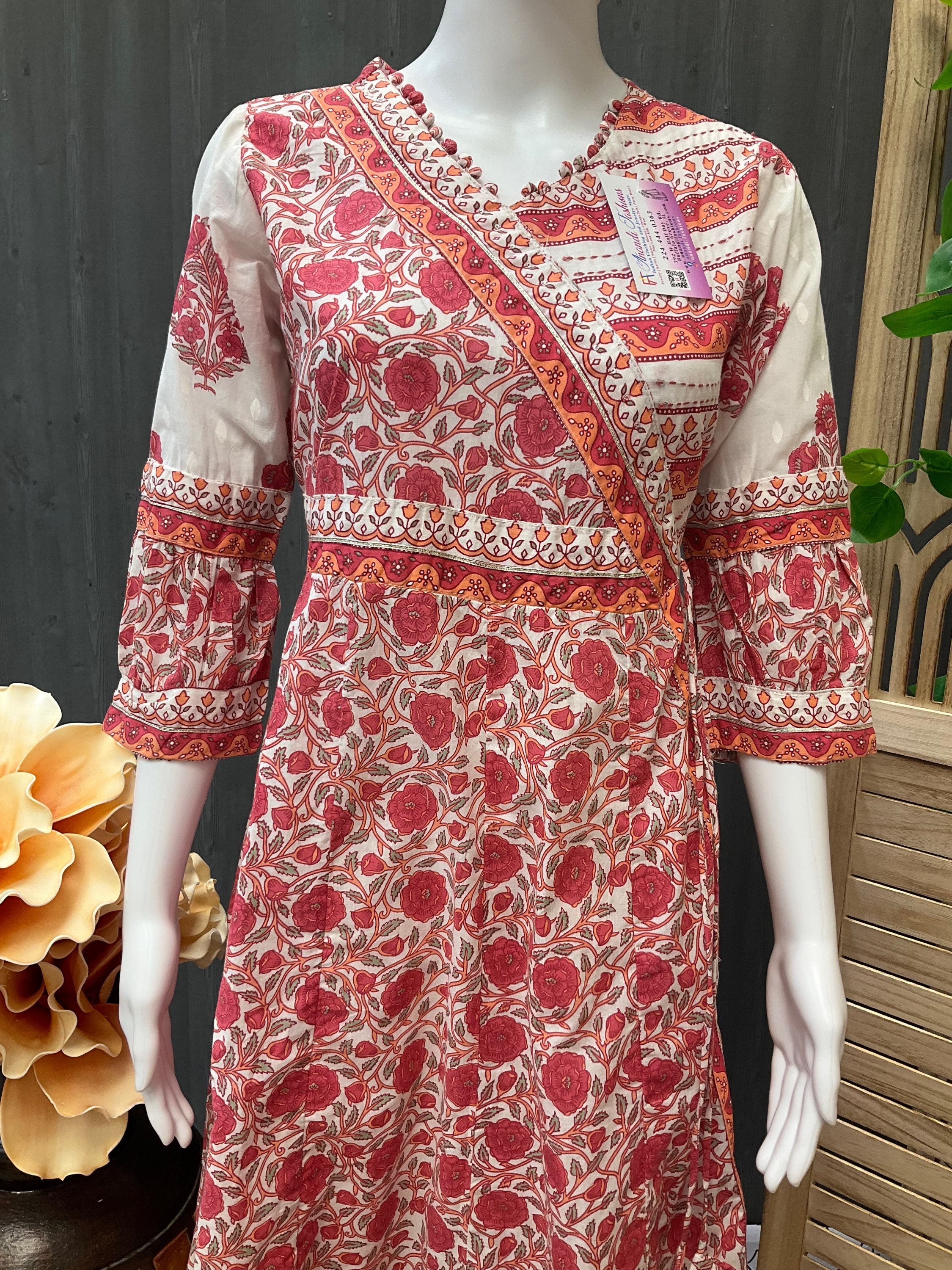 Stylish Cotton long Stylish Angrakha Style Anarkali dress/Kurti - Size 38/US XS image 1