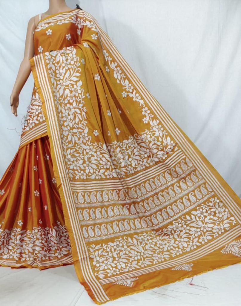 Mustard Yellow Kantha Work Saree - Hand Embroidery Traditional Design