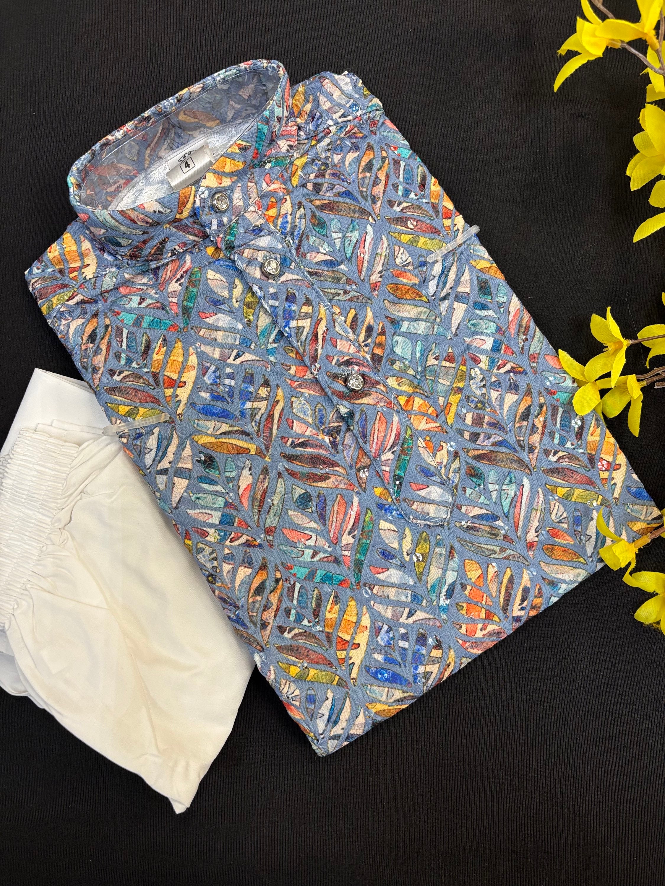 Digital Print Boys Chikankari Kurta Pajama set- Size 4 to 12 image 0