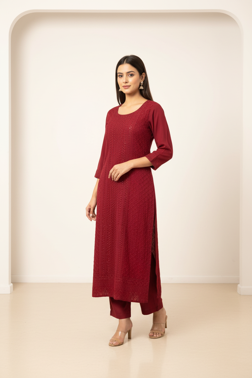 Elegant Chikankari Kurti with Matching Pants - Traditional Embroidery Set