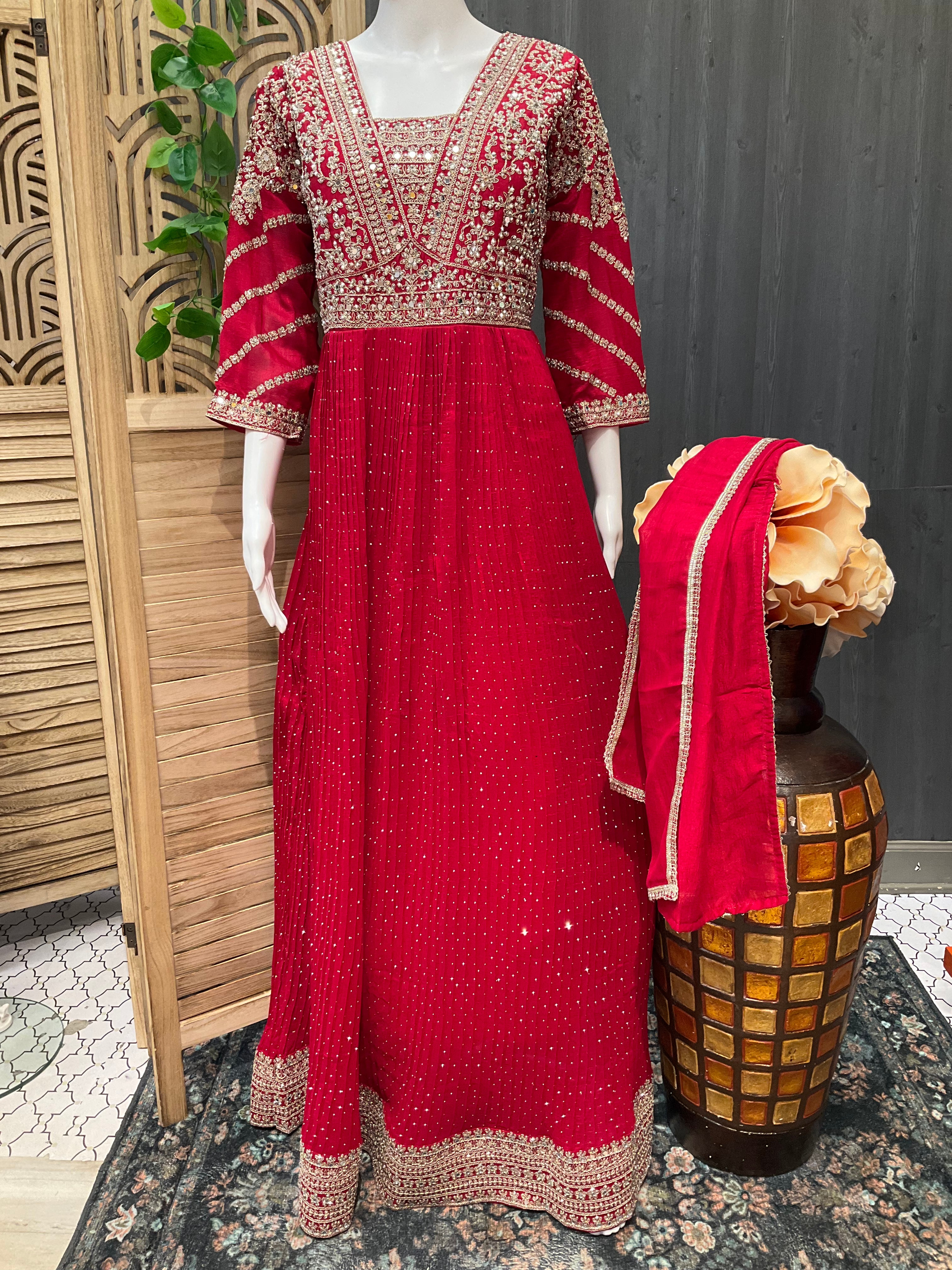 Size 38-Red Party Wear Long Gown/Dress-vichitra Silk image 1