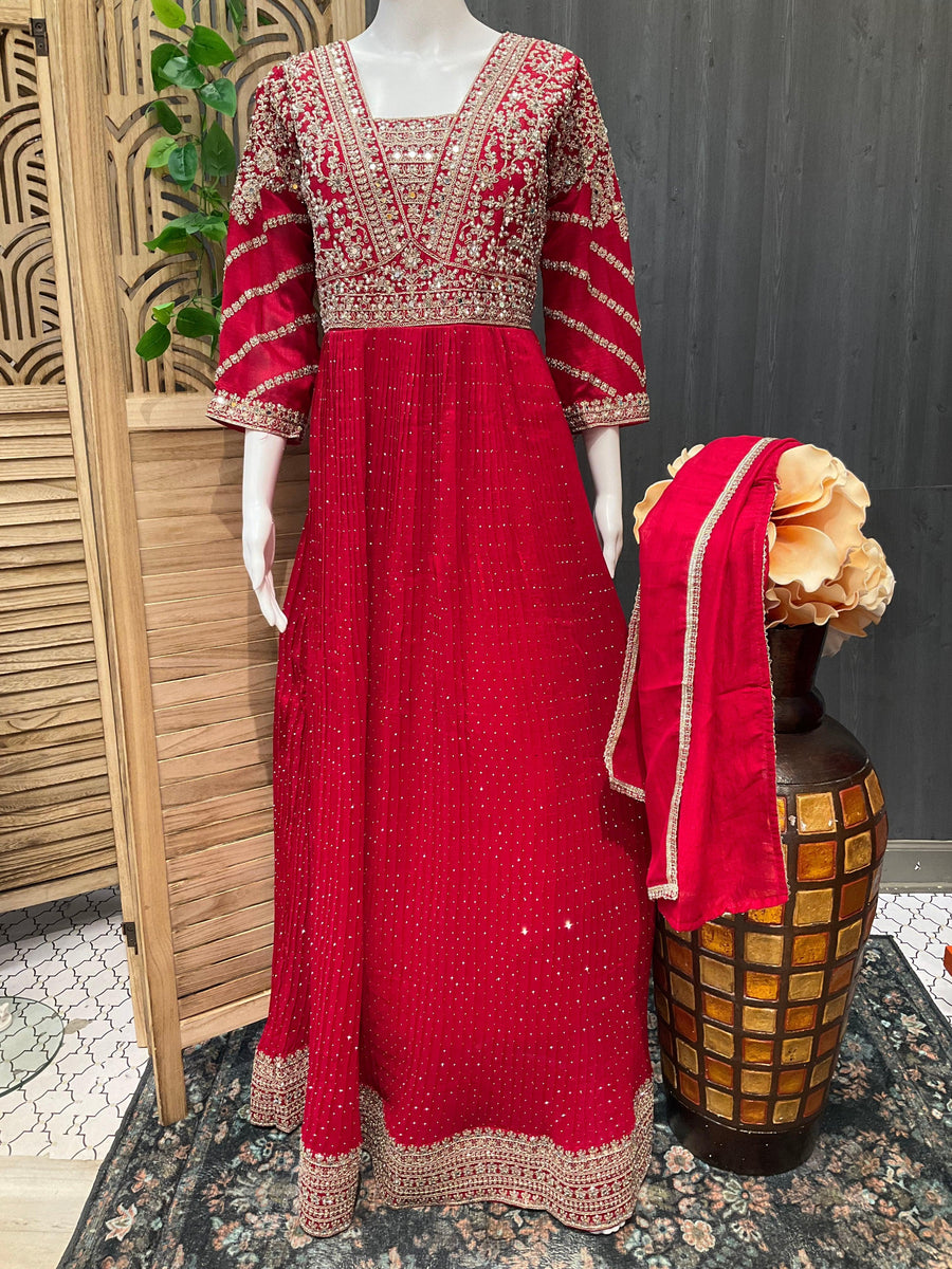 Red Vichitra Silk Party Gown Size 38 | Stone Work Long Dress for Women