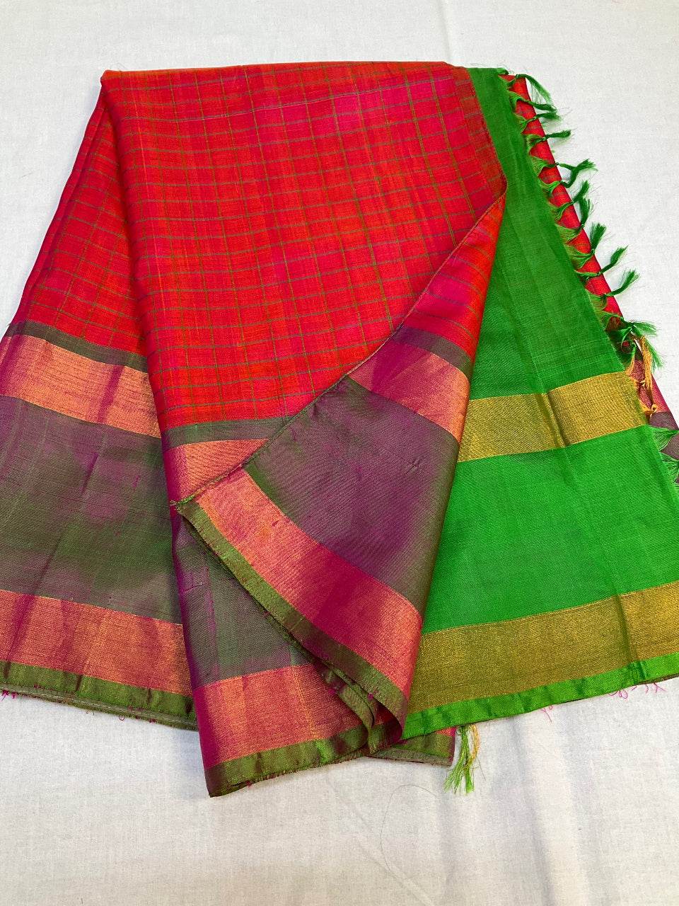 Pinkish Orange Premium  Uppada Silk Checks saree image 4