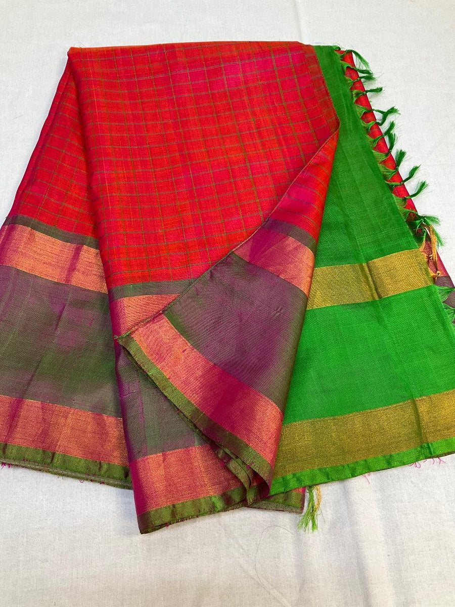 Pinkish Orange Premium Uppada Silk Checks Saree - Elegant Traditional