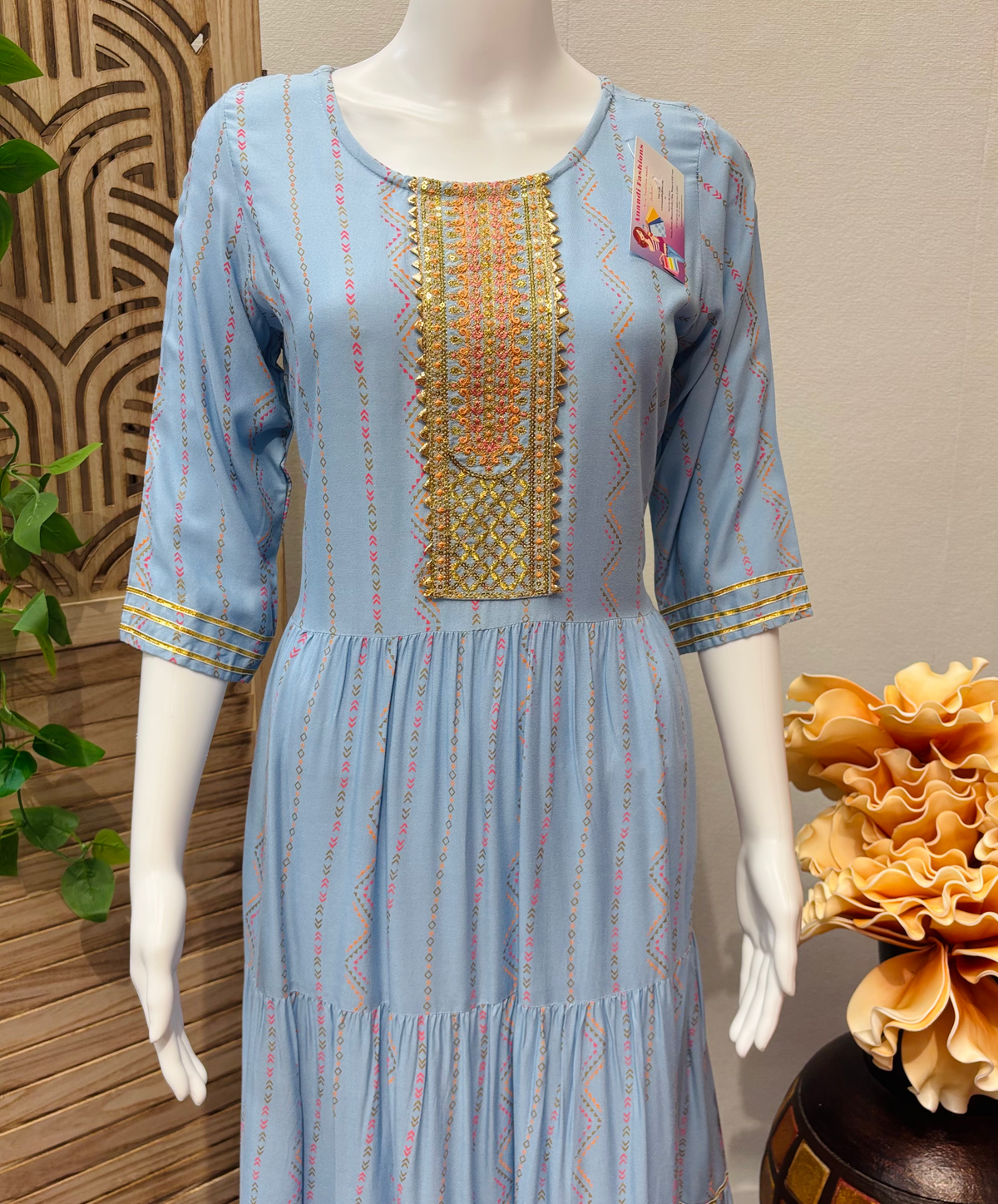 Light Blue - Rayon Long Kurti with Sequence Work on Yoke image 1