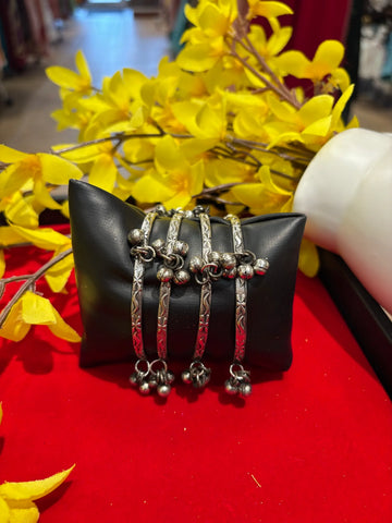 German Silver Thin Bangles with Bells(set of 4)