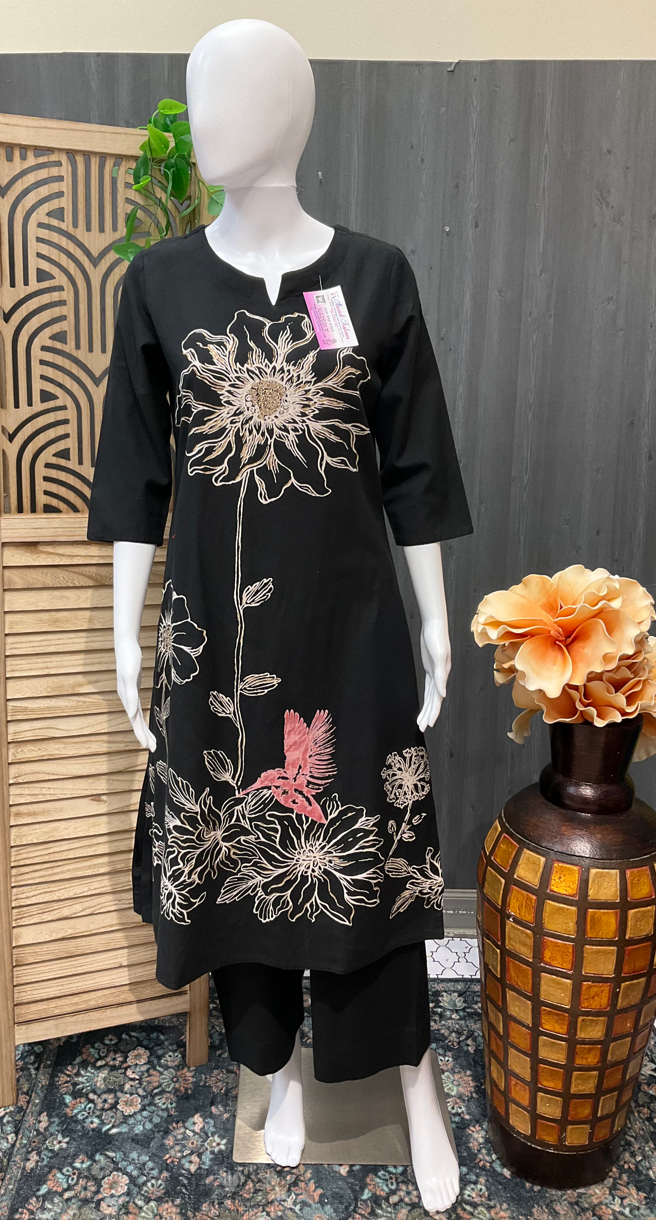 Humming Bird Print - Black Kurti with short Palazzo pants image 1