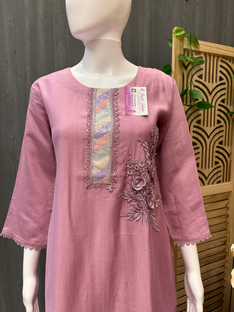 Light Lavender Kurtis with Floral Embroidery work