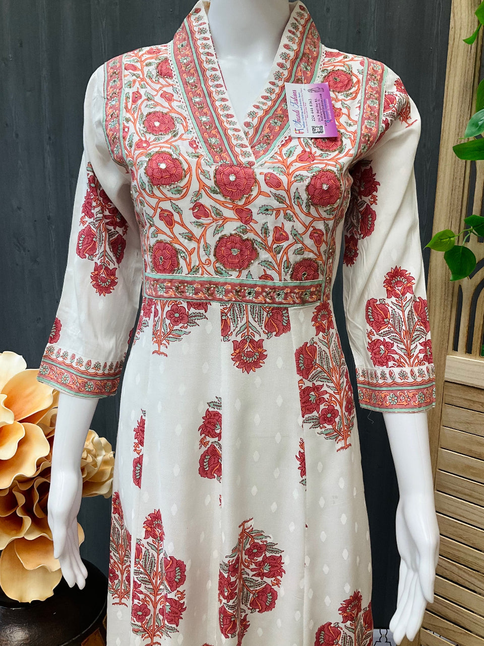 Size 40/US S-Half White Pure Cotton Anarkali Foral print kurti image 1