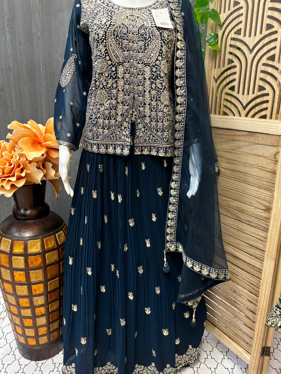 Size 40-Teal Blue Color Lehenga with Long Blouse image 0