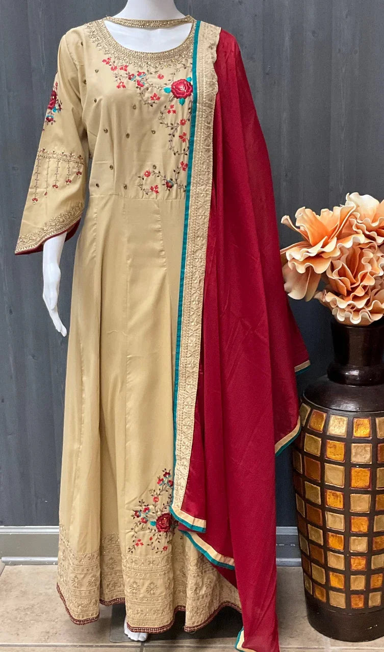 Party Wear Long Dress Size 42 - Embroidery Work with Satin Silk Dupatta