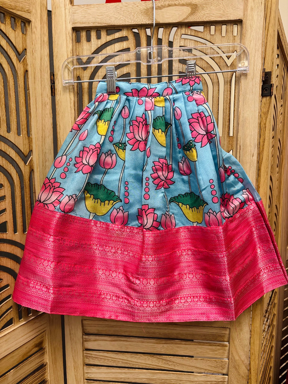 Baby Girl/Toddler Girl-Blue and Pink Kalamkari Lehenga set image 2