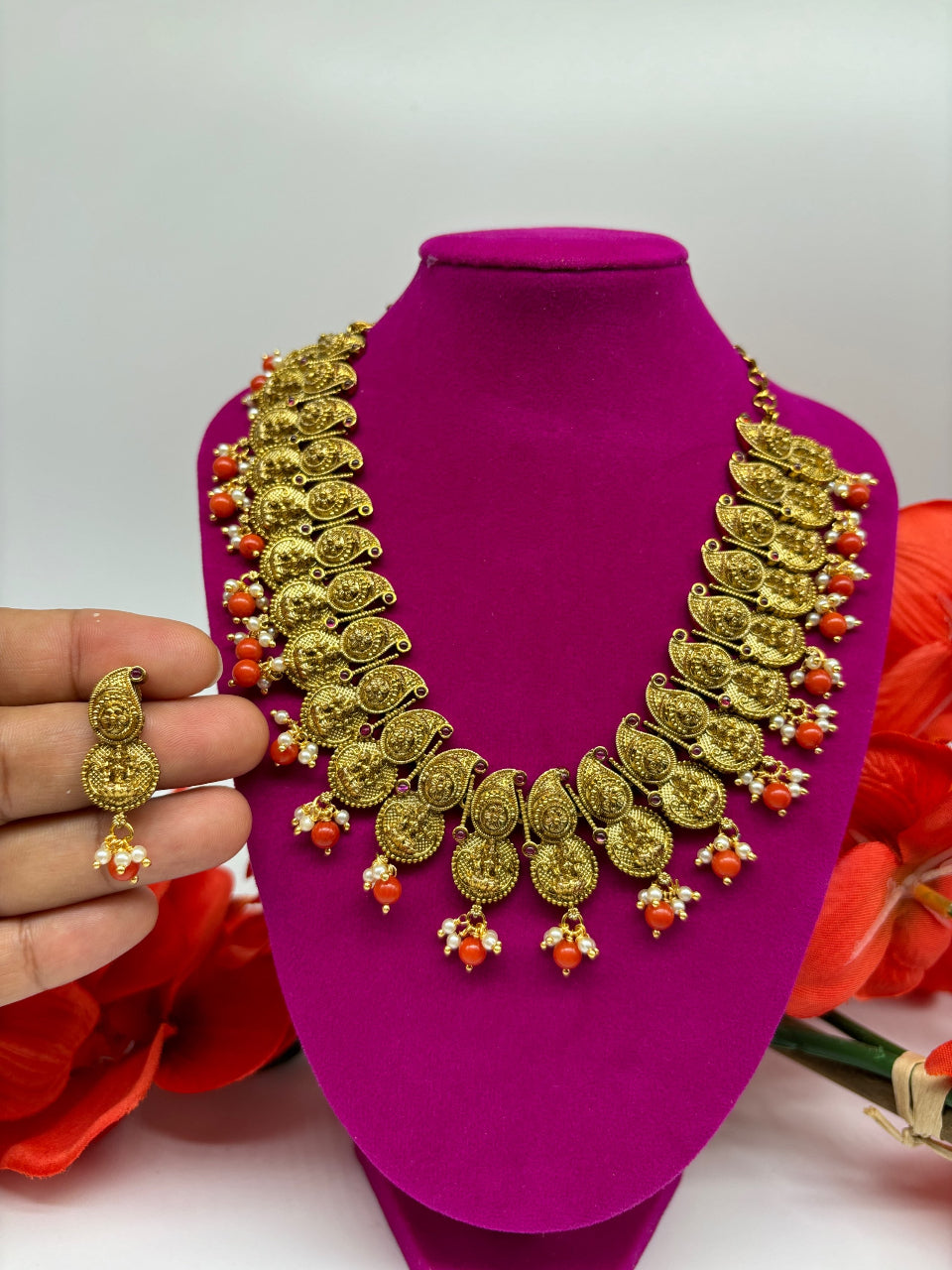 Temple Jewelry - Goddess Lakshmi Necklace set with Coral Beads image 0