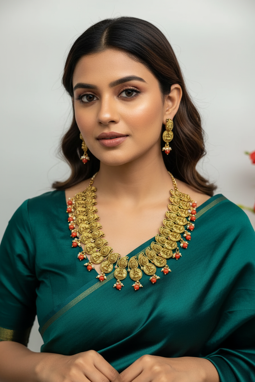 Woman in teal Indian saree wearing intricate gold necklace and matching earrings with red accents