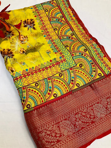 Yellow Dola silk saree with kantha work