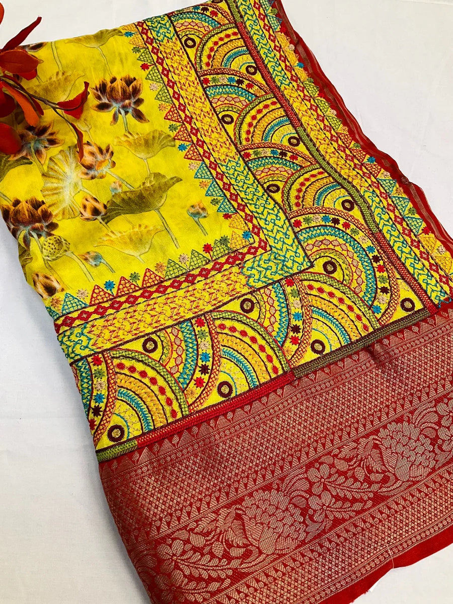 Yellow Dola silk saree with kantha work