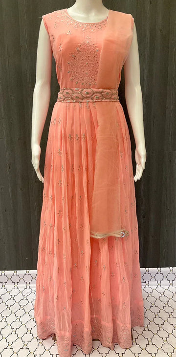 Baby Pink Long Party Dress - Elegant Ethnic Wear for Women