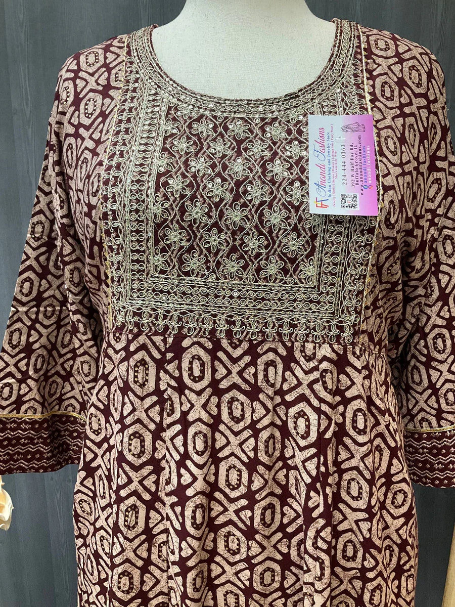 Plus Size Ajrakh Print Anarkali Long Kurti - Rayon Ethnic Wear
