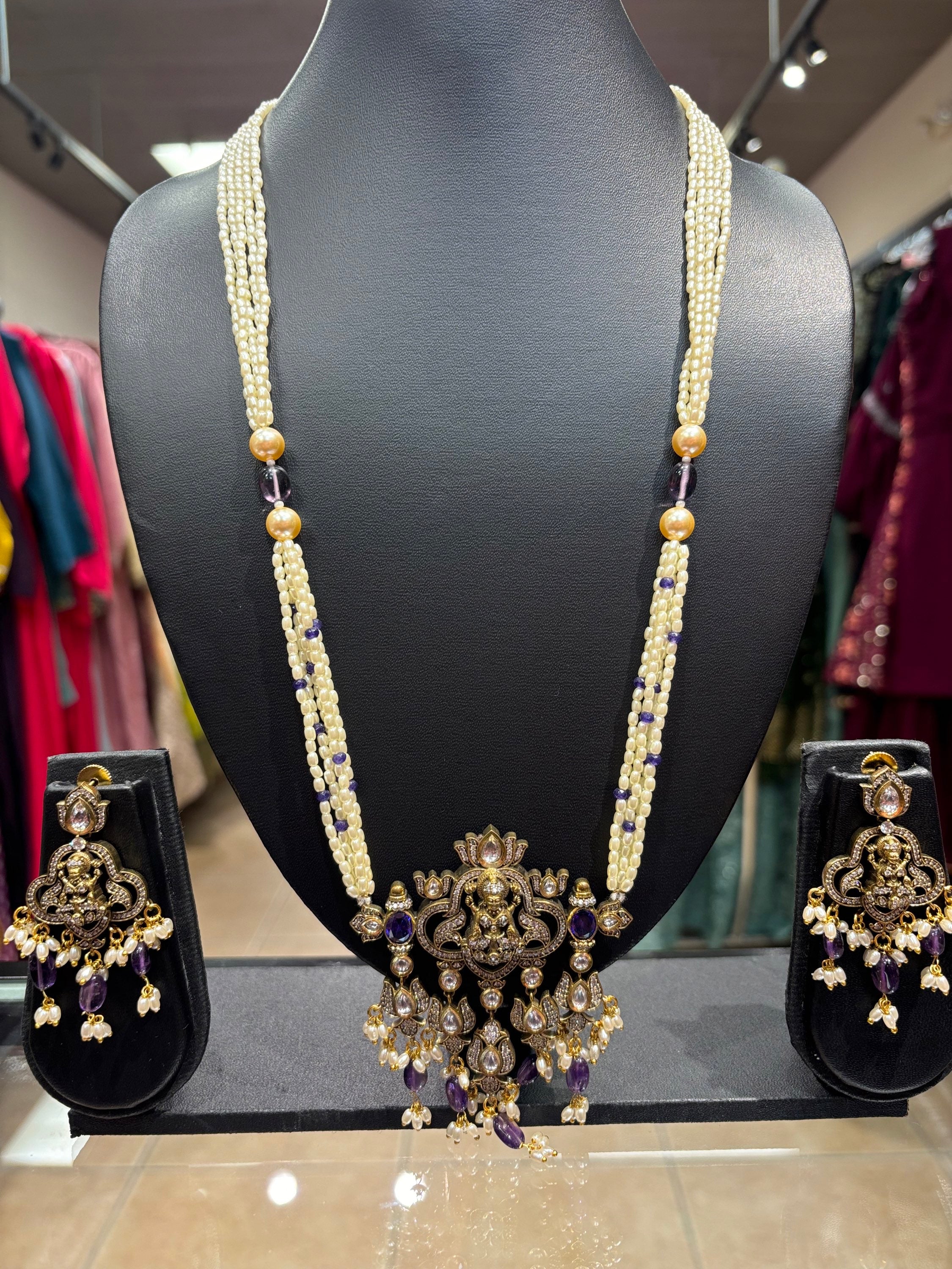 Pearl Long Necklace set with Goddess Lakshmi Pendant set image 0
